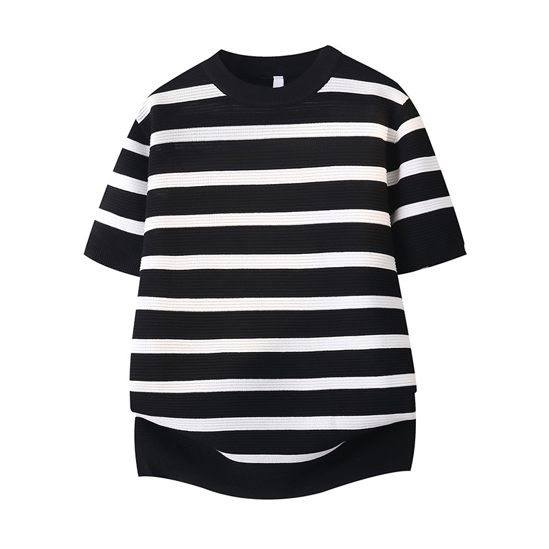 Camiseta de punto a rayas de cuello redondo de manga corta para hombres de color antiguo estilo de negocios de seda de hielo al por mayor fábrica transfronteriza