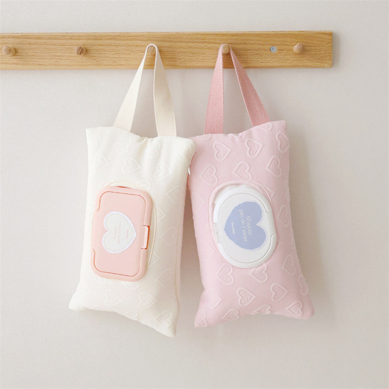 Ins New Quilted Multi-Color Heart-Shaped Fabric Wet Wipes Bag Convenient Flip-Top Pull-Out Car Tissue Bag Storage