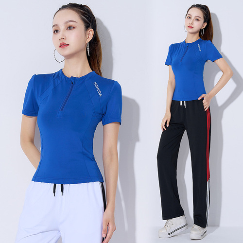 Women's  Summer Square Dance Suit Set Slimming Half Zip Short Sleeve Ghost Step Dance Sport Fitness Running Clothes
