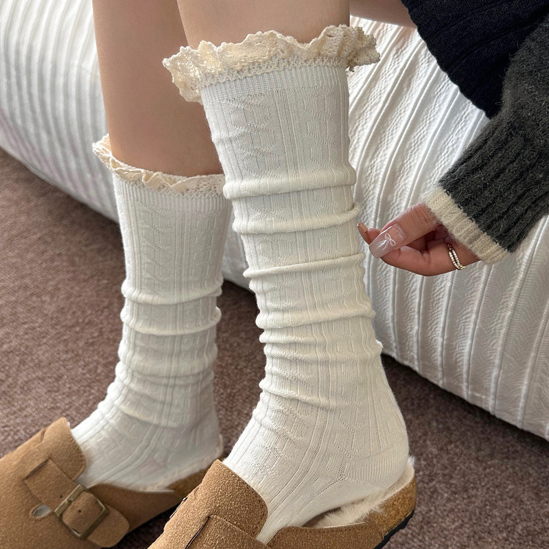 白色袜子女ins潮蕾丝花边袜口小腿袜棉质吸汗透气弹力无骨长筒袜|undefined