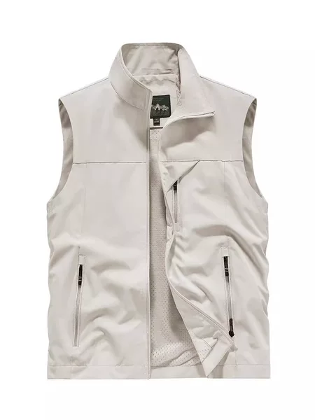 Men's Stand-Up Collar Spring and Summer Quick-Drying Mesh Vest Casual Multi-Pocket Workwear Top Outdoor Photography Fishing Vest Jacket