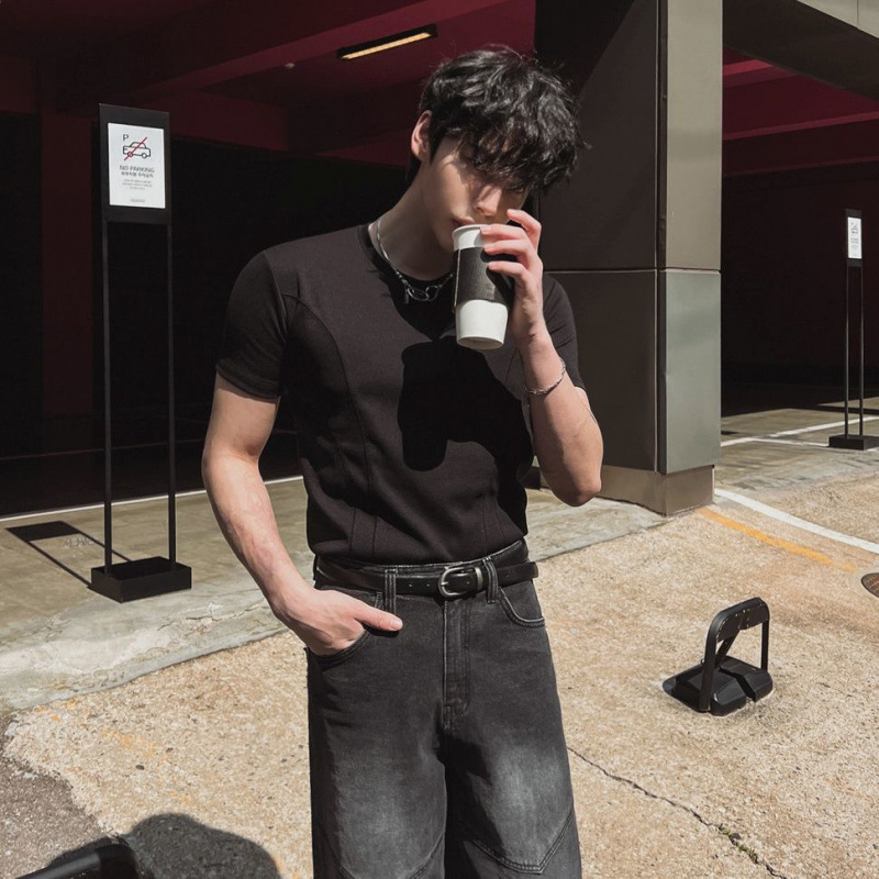 MYQ Design Sense Slim-fit Crewneck T-shirt Men's Summer Sports Fitness Short-sleeved Korean Fashionable Solid Color Half-sleeved Top