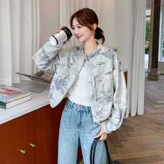 灰色小个子清冷感新中式外套女2025秋新款独特气质水墨风印花夹克