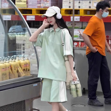 韩版盐系OOTD运动服衣服女套装夏季浅绿色短袖短裤时尚休闲两件套