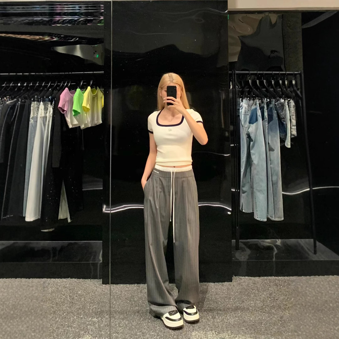 25SS 봄과 여름 새로운 틈새 ANN 편지 자수 줄무늬 가짜 2 조각 캐주얼 바지 바지 스트레이트 다리 바지 여성용 바지