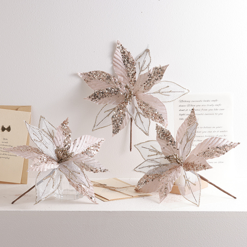 Buscando flores de Navidad transfronterizas 30cm decoraciones de árbol de Navidad de champán oro flores falsas flores hechas a mano flores DIY