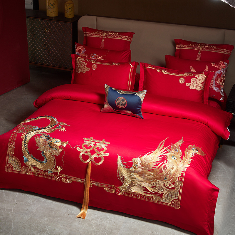 Juego de cuatro piezas de algodón puro para dote de novia, color rojo brillante, funda de edredón bordada totalmente de algodón, sábana de cama de boda, cubrecama, ropa de cama para todas las estaciones.