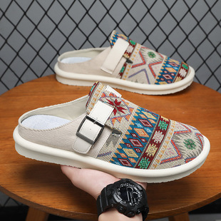 Summer New National Fashion Men's Summer Baotou Slippers Breathable Soft Bottom Printed Half-Shoe Casual Lightweight Birkenneth Shoes