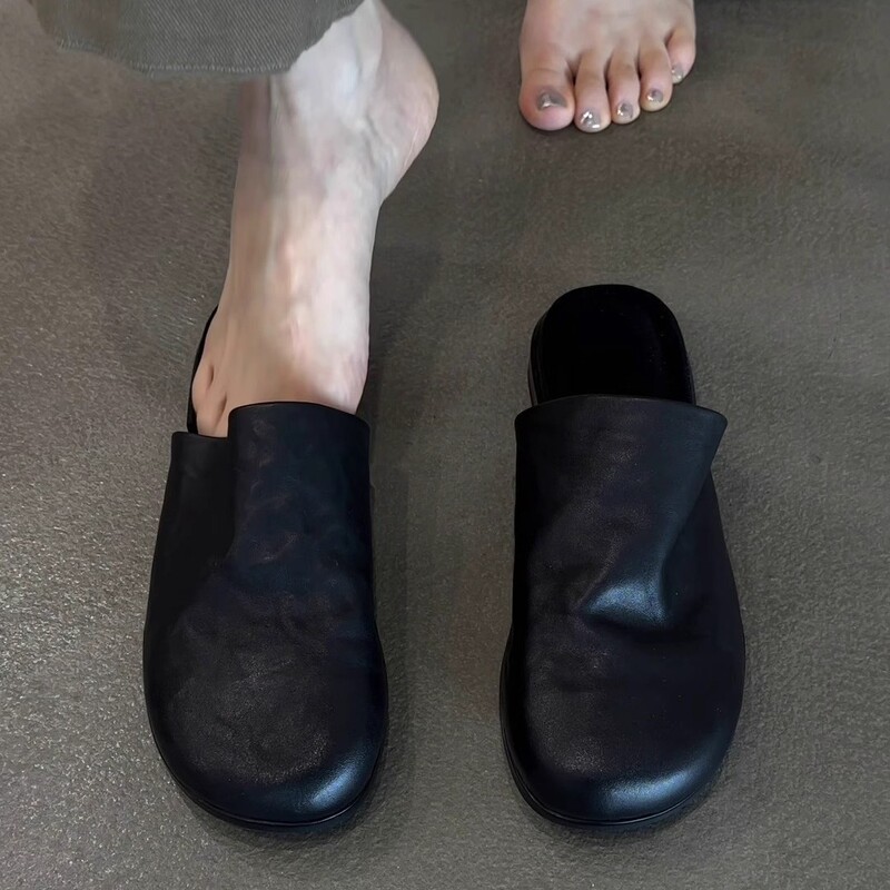 Soft Sheepskin ~ Slip-On Lazy Genuine Leather Toe-Cap Sandals for Women Summer Black Work Clothing Versatile Outer Wear Muller Half Slippers