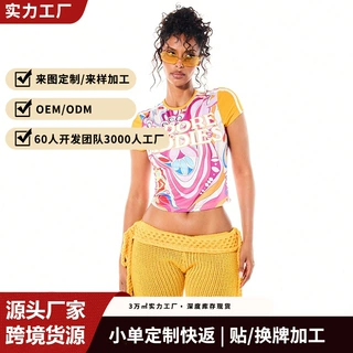 欧美跨境爆款复古涂鸦风花卉字母印花短上衣多色拼接辣妹紧身短袖