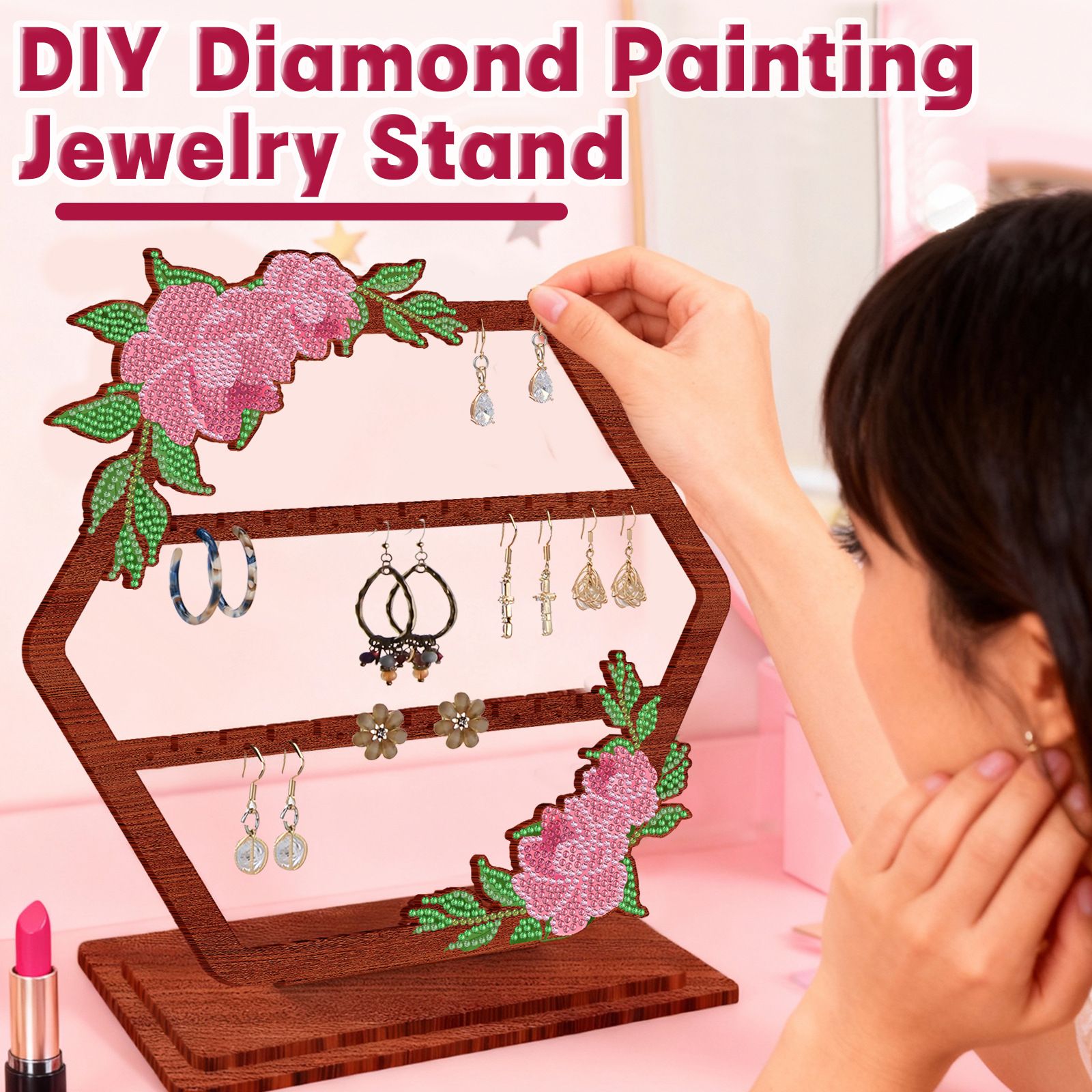 Explosiones transfronterizas de pintura de diamantes perimetral joyas retro hechas a mano estante de exhibición de almacenamiento collar pendientes joyas estante de madera al por mayor