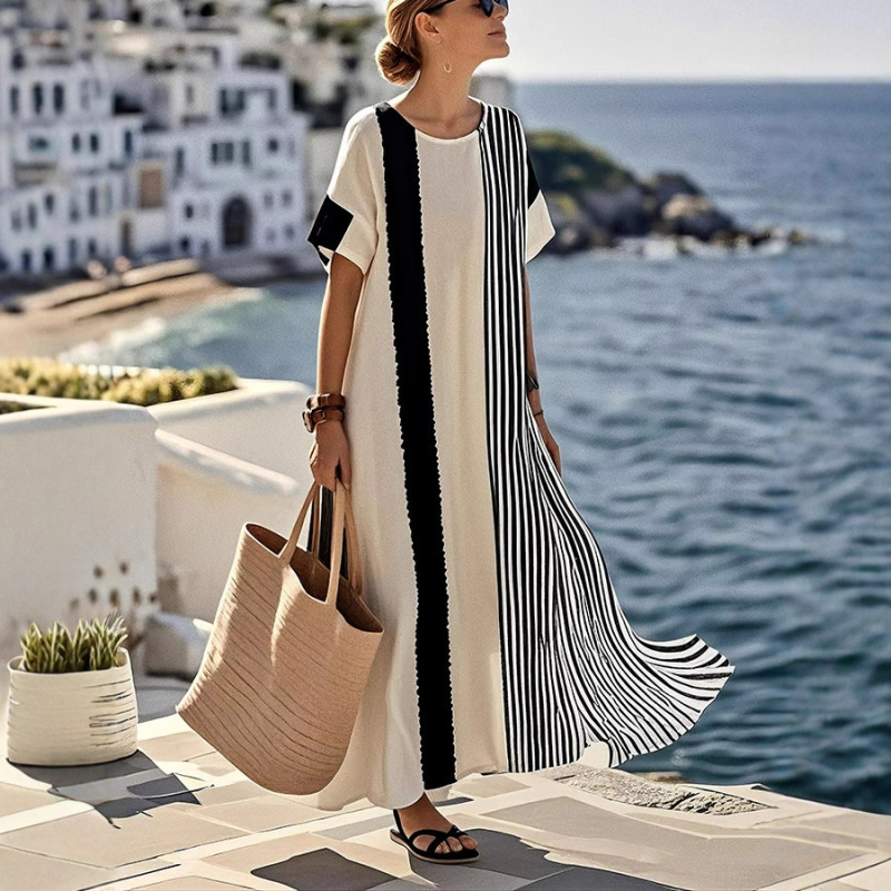 2025 European and American Holiday Style Women's Festive Color-Blocking Printed Round-Neck Loose Dress
