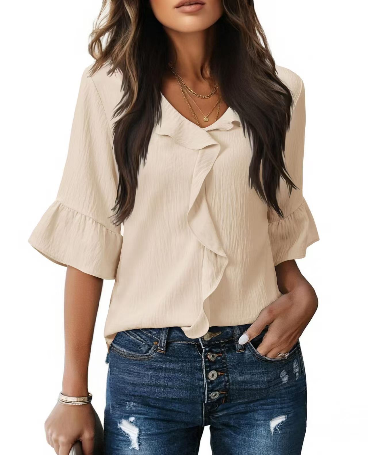 Women's V-neck Ruffle Blouse Flutter Sleeves Flowy Cold Silk Top_voghion.com