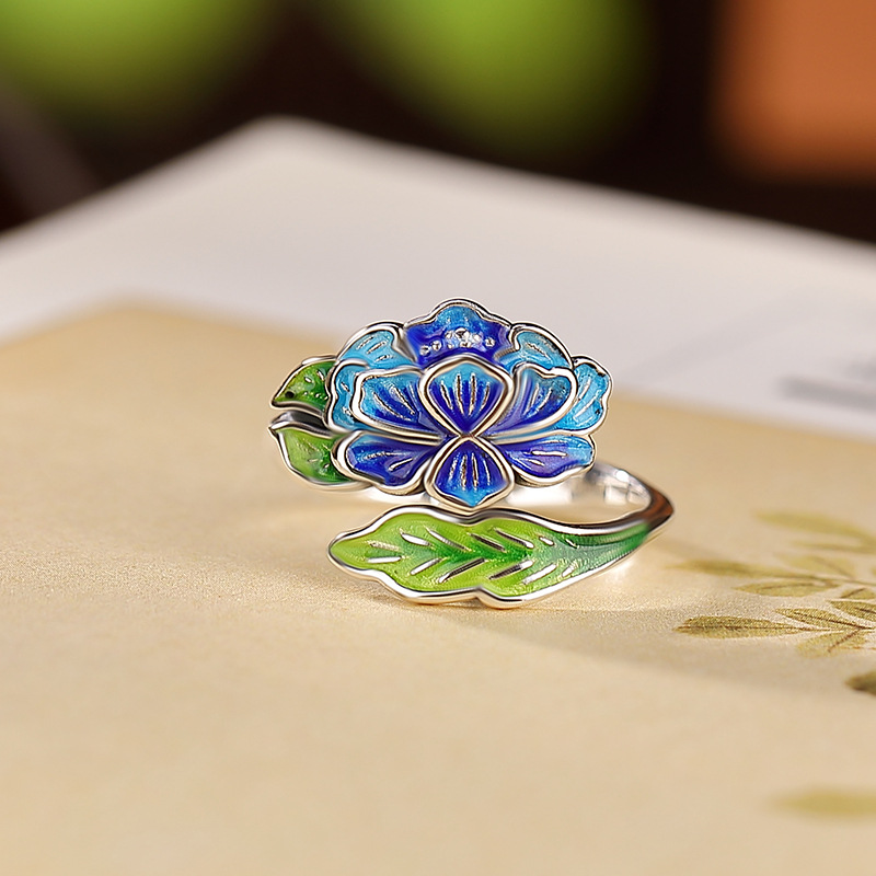 Vòng tay bạc S999 phong cách dân tộc họa tiết hoa sen cloisonne có thể điều chỉnh — Mở một size