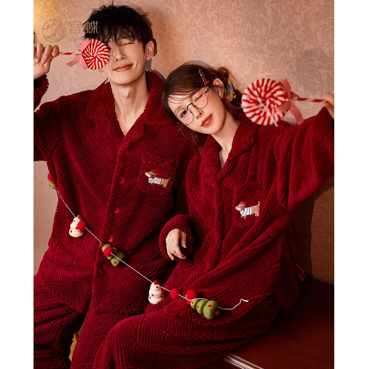 润妈【蓄热型】巴迪小狗红色情侣睡衣女保暖珊瑚绒新婚男士家居服