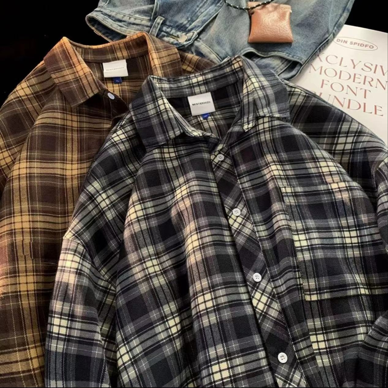 American retro plaid shirt women's spring and autumn plaid shirt high-end sense long sleeve shirt Japanese men's and women's coat wholesale