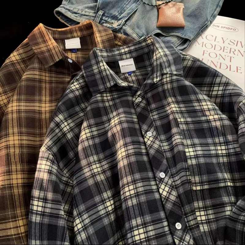 American retro plaid shirt women's spring and autumn plaid shirt high-end sense long sleeve shirt Japanese men's and women's coat wholesale