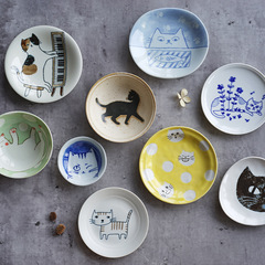 Imported from Japan, cat dinner plate, dessert dish, condiment shallow bowl, hand-painted ceramic cute cat small plate