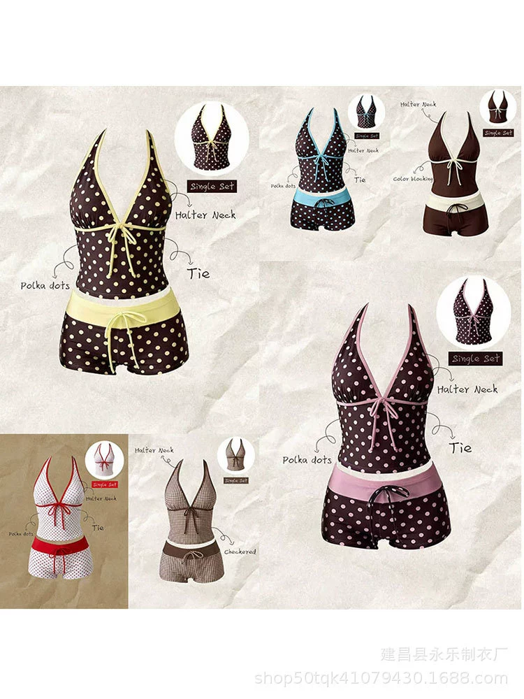 [Polk Dot Milk Cafe] Ретро платье в горошек Slim Covering Off Shoulder Split Seaside Beach Hot Spring Resort Купальник для женщин