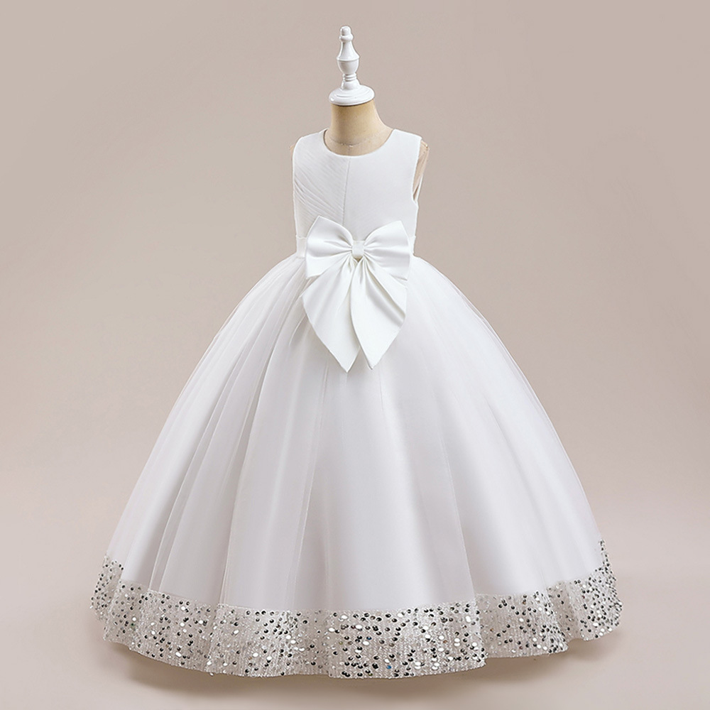 Europa y América nuevo vestido de lentejuelas niños arco princesa vestido de niña de las flores vestido de novia medio y grandes niños malla pettiskirt