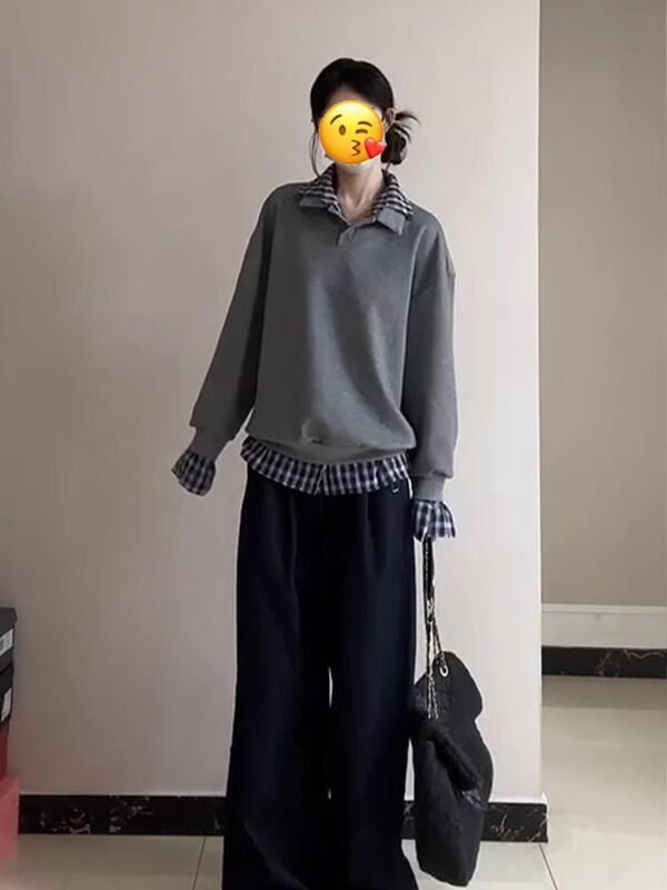 韩系假两件格子拼接灰色polo领卫衣女加绒设计感小众宽松休闲上衣|undefined