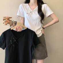 小众辣妹性感小众修身显瘦v领短袖T恤斜襟盘扣独特新中式上衣ins