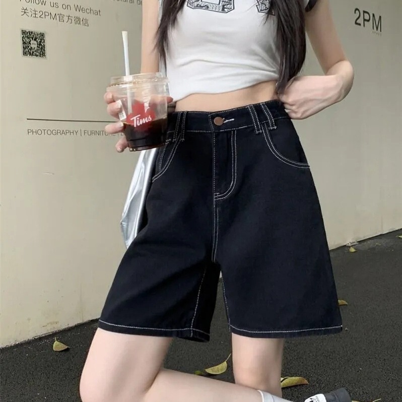 【韩牛】黑色牛仔短裤女夏宽松直筒2025秋季高腰显瘦百搭五分裤子|undefined