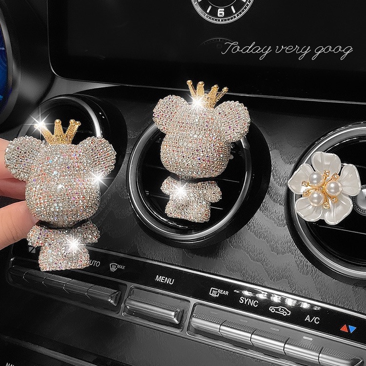 Salida de aire de perfume de automóvil, decoración de automóvil, lindo adorno de oso con diamantes, aromaterapia de aire acondicionado de automóvil femenino, fragancia ligera duradera