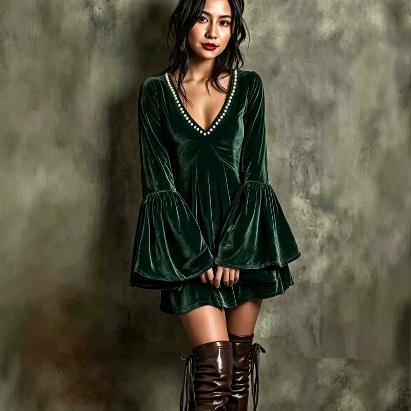 2026 European and American Solid Color Pearl V-Neck Velvet Dress with Large Bell Sleeves, Waist-Cinching A-Line Short Dress for Women