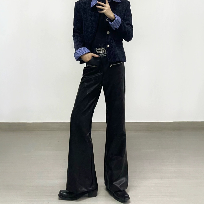Dark-style high street zipper design straight PU leather pants for men, clean-fit, cool and stylish, loose, slightly flared, floor-length trousers