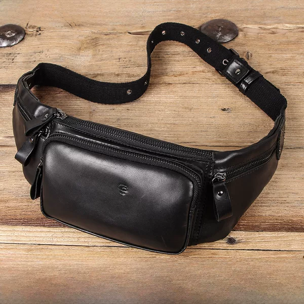 Black Angel Factory Supply Genuine Leather Sports Waist Bag First Layer Cowhide Multifunctional Unisex Wear-Resistant Waist Bag