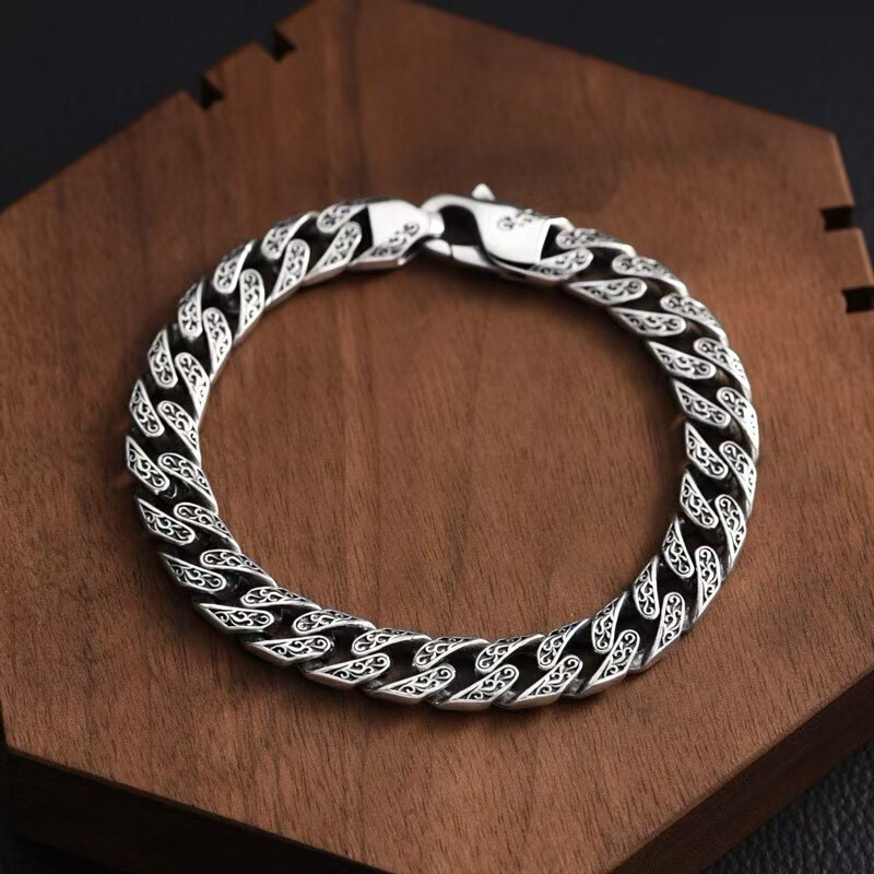 Cross-border Rattan Grass Bracelet Simple All-match Personality Punk Men's Fashionable Cuban Chain Pattern Retro Silver Bracelet