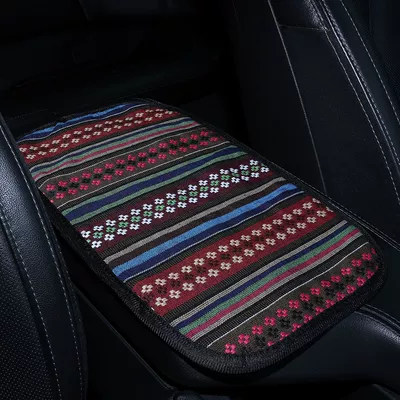 Armrest box pad ethnic style fabric, breathable linen - ethnic-style-floral-armrest-cushion