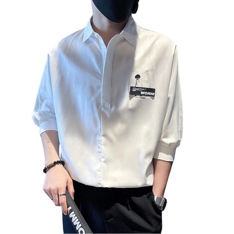 Camisa casual de manga corta retro japonesa para niños, camisa de herramientas asimétrica delgada de verano