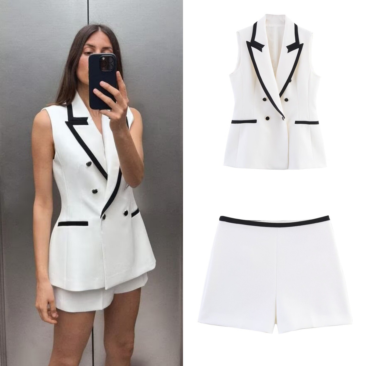 Conjunto de blazer sin mangas y pantalones cortos mujer_voghion.com