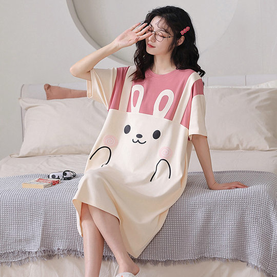 Wholesale nightdress women's summer short sleeve plus size dress loose cute girl thin home wear cross-border hot sale