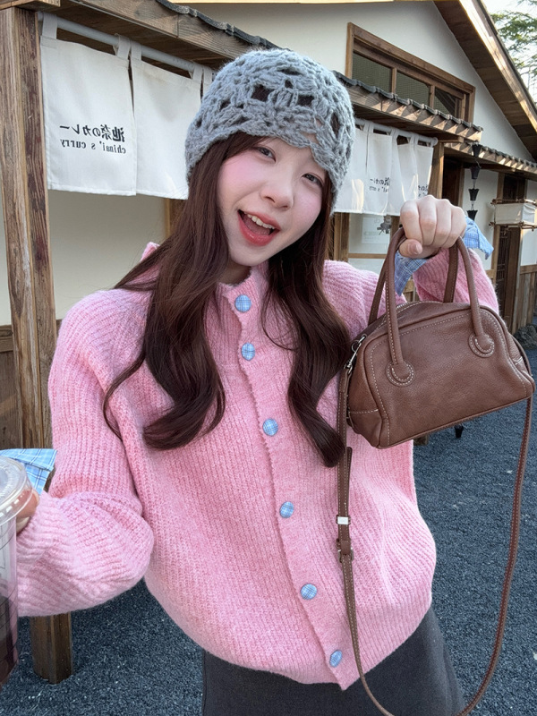 格子拼接设计感长袖毛衣女2025秋季新款甜美韩系慵懒风针织上衣潮|undefined