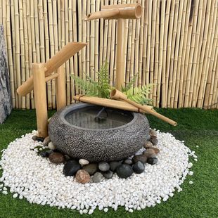 Japanese-Style Stone Bowl Water Bowl Stone Basin Stone Lantern Zen Courtyard Landscape Dry Landscape Water Feature Deer Bamboo Flowing Water Ornament