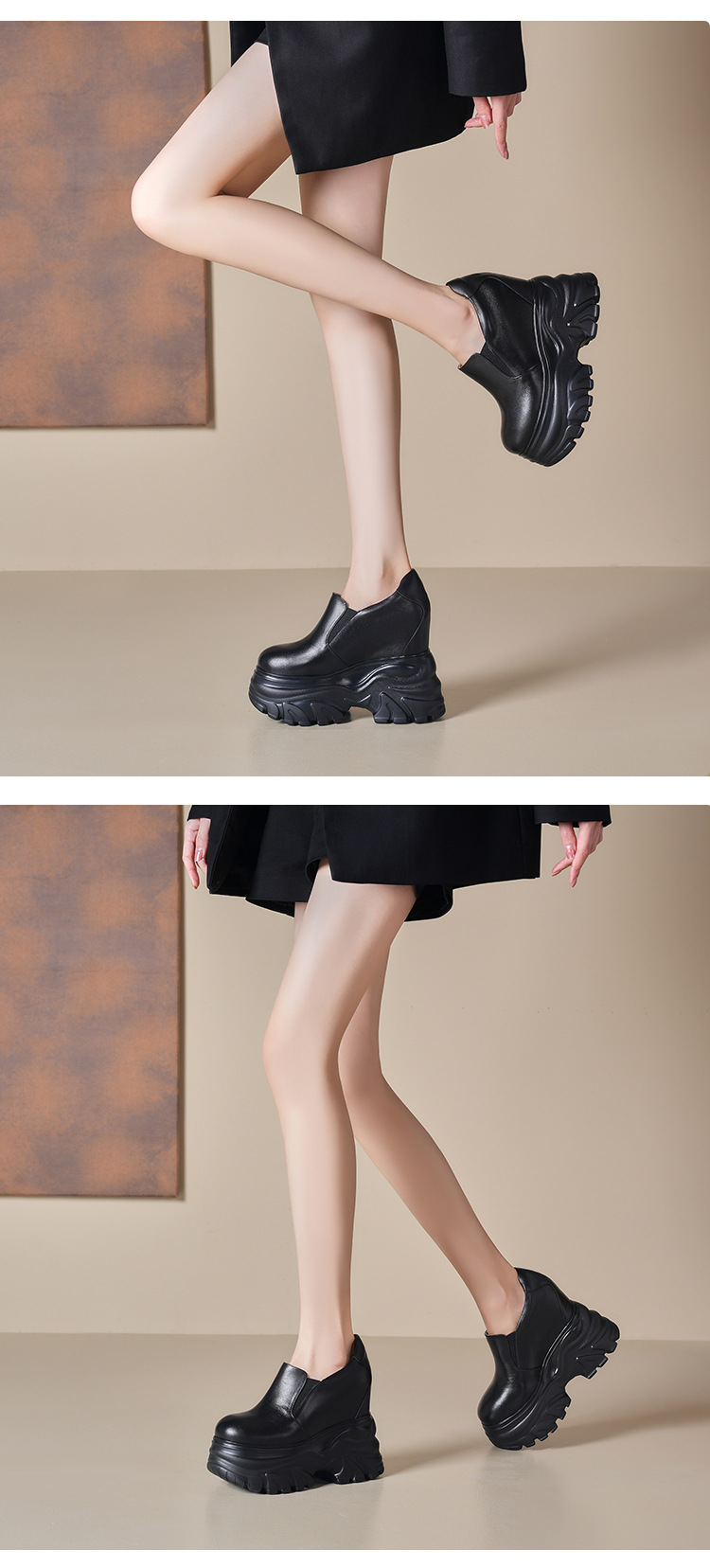 Giày cao gót nữ đế xuồng platform da thật, gót 14 cm tăng chiều cao — Màu đen chi tiết 2