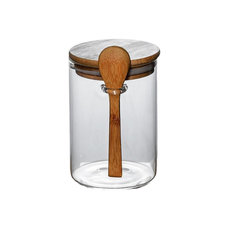 tanque de almacenamiento de vidrio redondo con cucharas, tanque de condimento de vidrio de alto silicio, tanque de sellado de almacenamiento multipropósito, latas de té de dulces