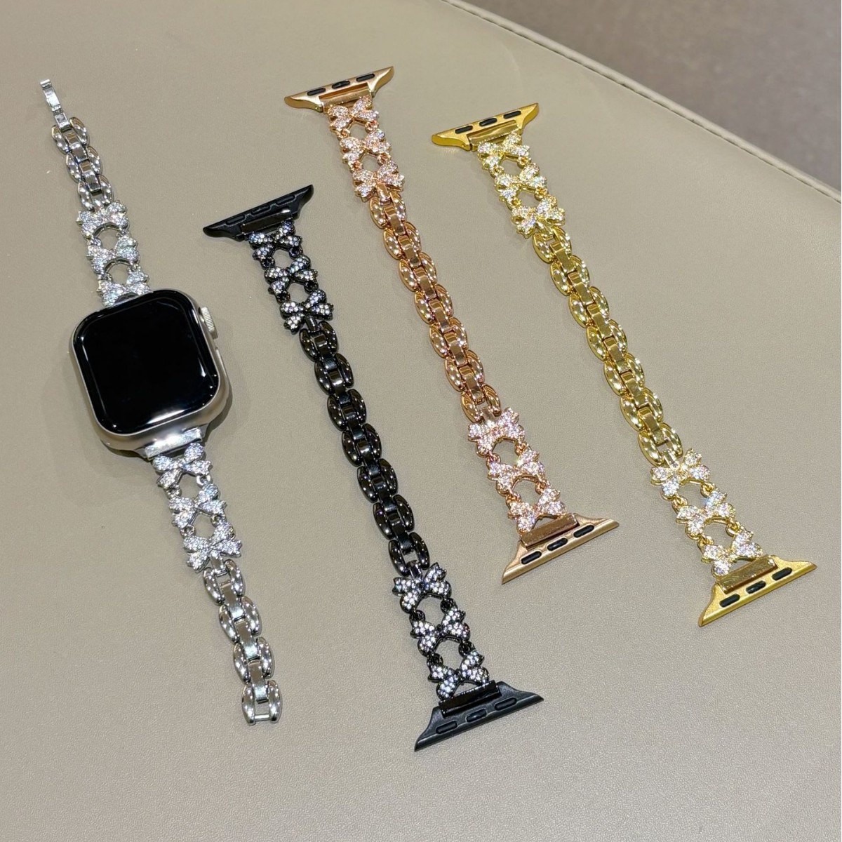 Flash Diamond Bow Zircon H Buckle Strap Suitable for Apple Watch Strap S10 Generation Apple Female Iwatch987 Gold