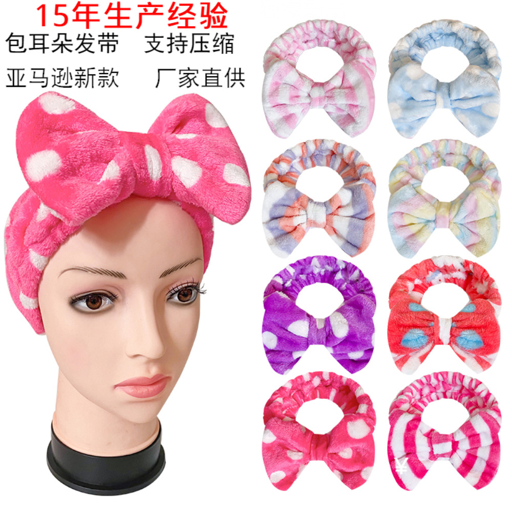Amazon nuevo estilo bolsa de oreja de terciopelo coral banda de pelo femenino lavado de la cara belleza banda de pelo europeo y americano de gran tamaño arco accesorios para el cabello