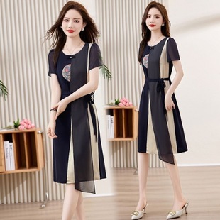 Young Mother's Summer New Chinese Style Chiffon Dress Chinese Style Short-Sleeved 40 and 50 Years Old Noble Women's Skirt