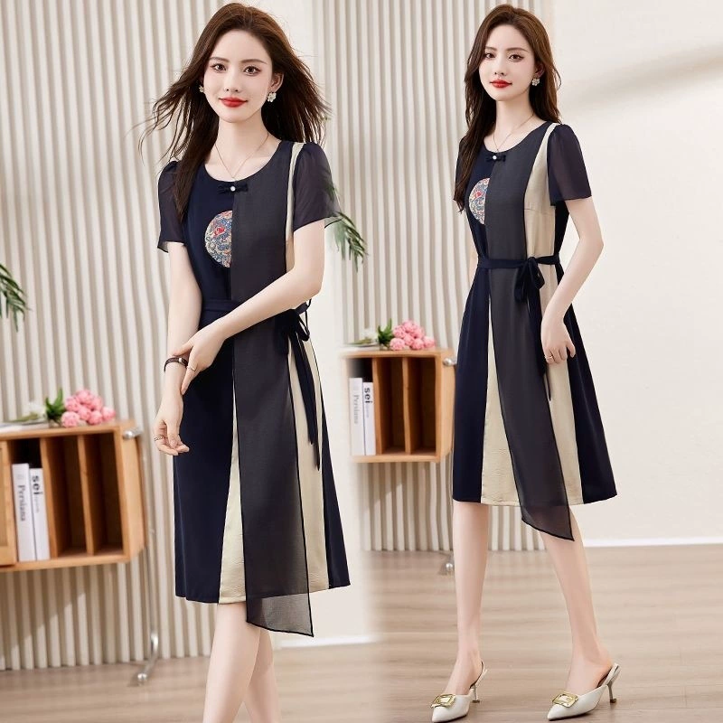 Летнее новое шифоновое платье в китайском стиле для молодой мамы, благородная женская юбка с короткими рукавами в китайском стиле для 40 и 50 лет