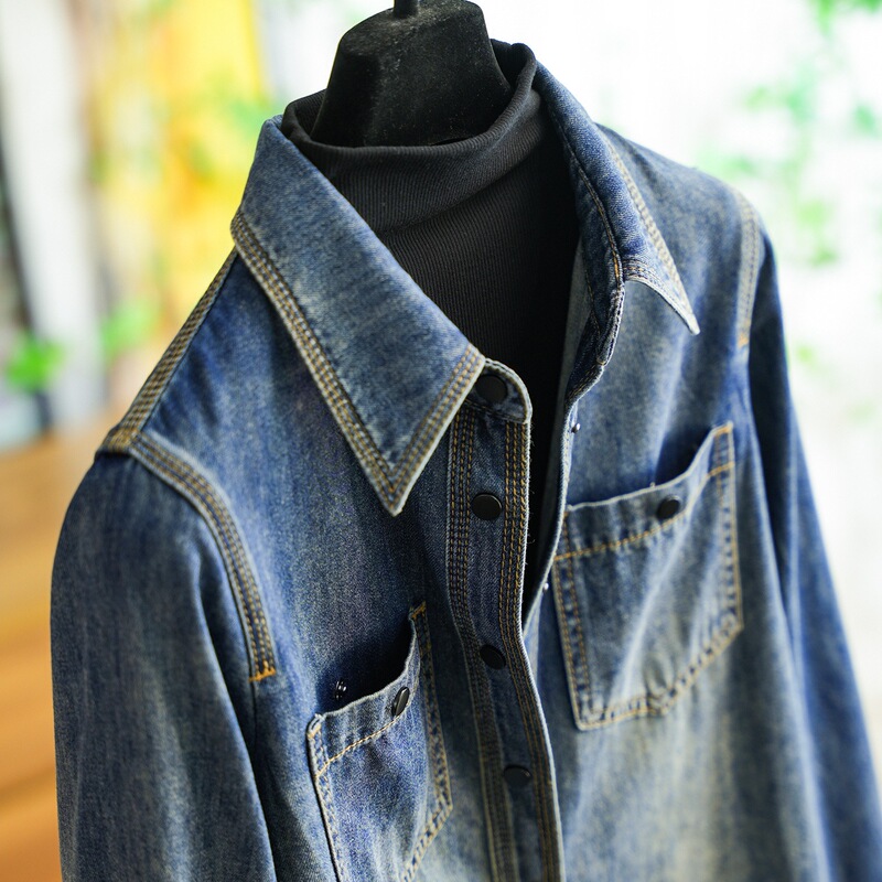 Turkish Denim Cotton Straight Long-Sleeved Shirt Women's Autumn and Winter New 1201