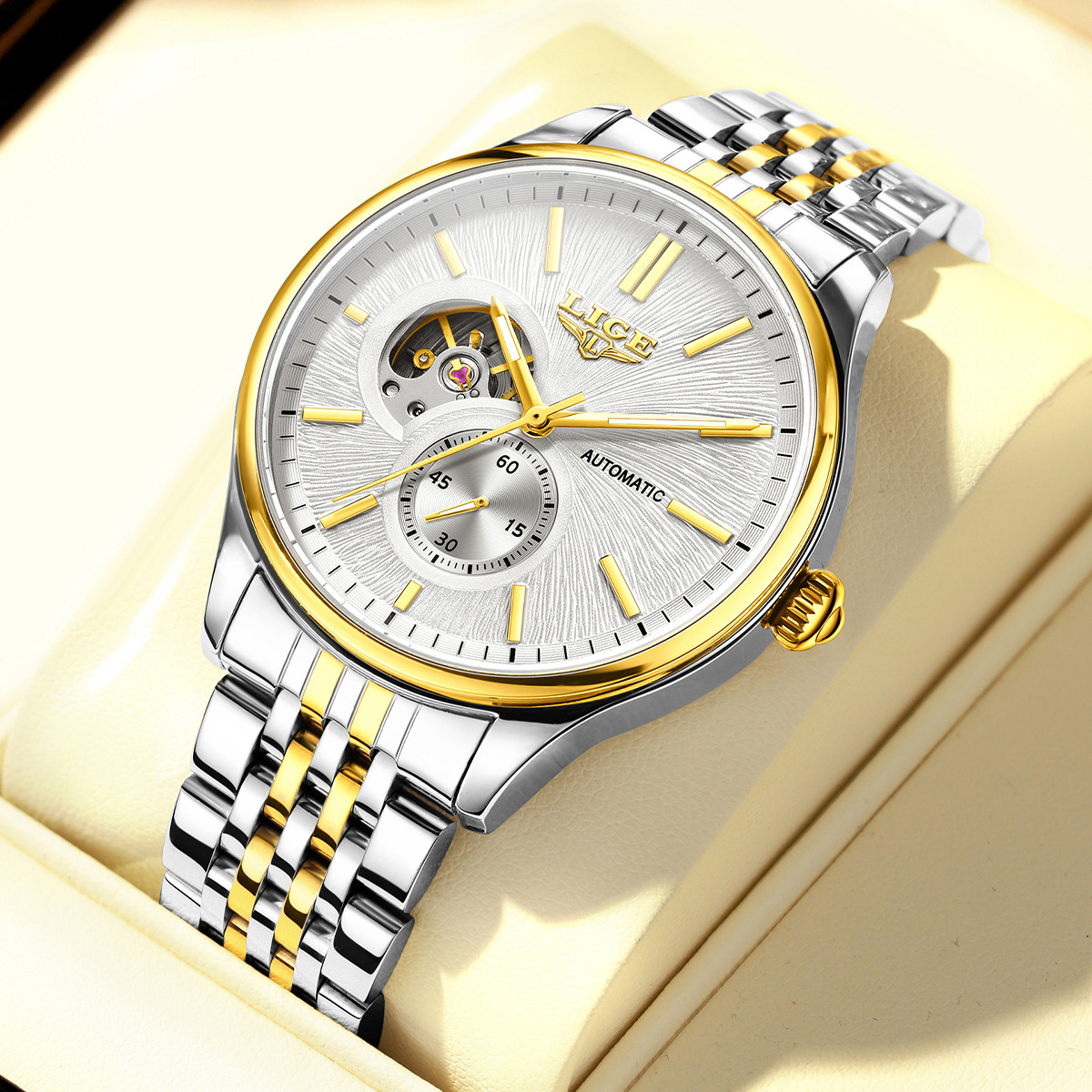 Lige/Watch Fashion Fully Automatic Mechanical Men's Watch Luminous Waterproof Hot Style Business Steel Strap Hollow Casual Style