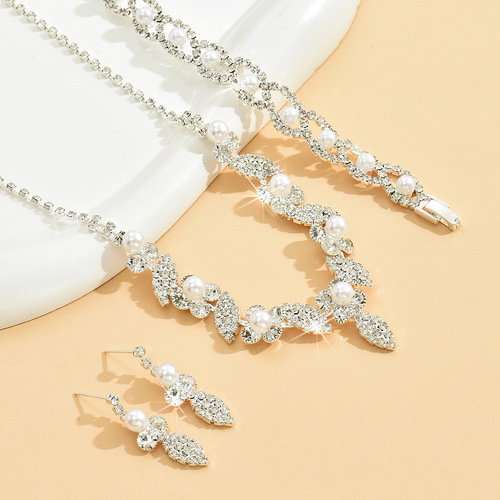Cross-border jewelry wholesale bridal wedding necklace pearl water diamond earrings chain set jewelry supply