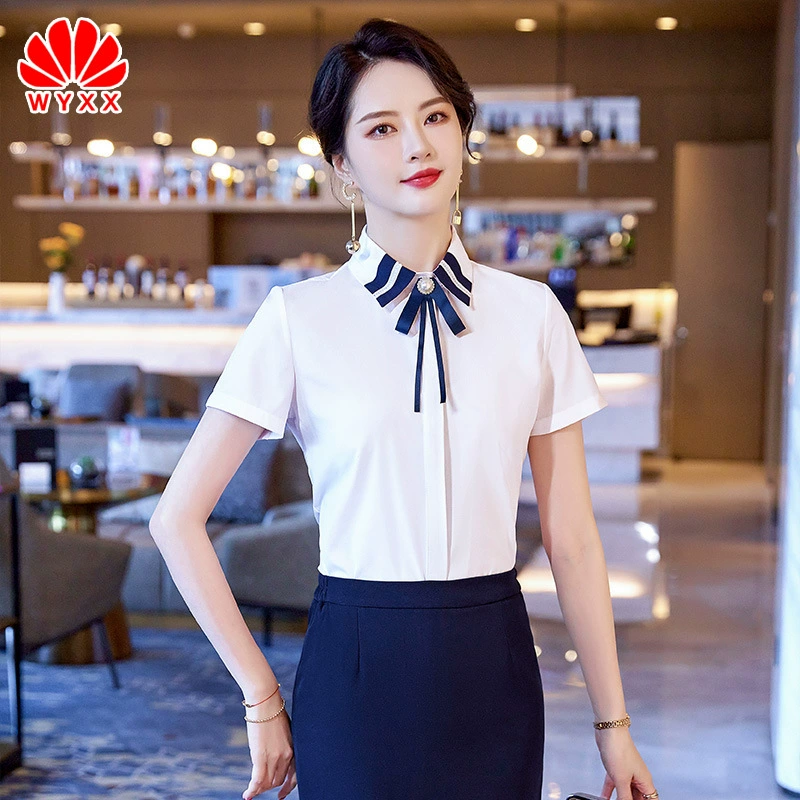Профессиональный женский белый рубашечный костюм, летняя рубашка с короткими рукавами, универсальная элегантная стойка регистрации отеля, косметолог, рабочая одежда с белым воротником