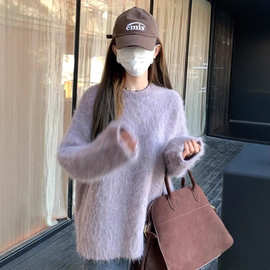 韩版水貂绒圆领套头中长款毛衣女秋冬季软糯加厚外穿水貂毛针织衫
