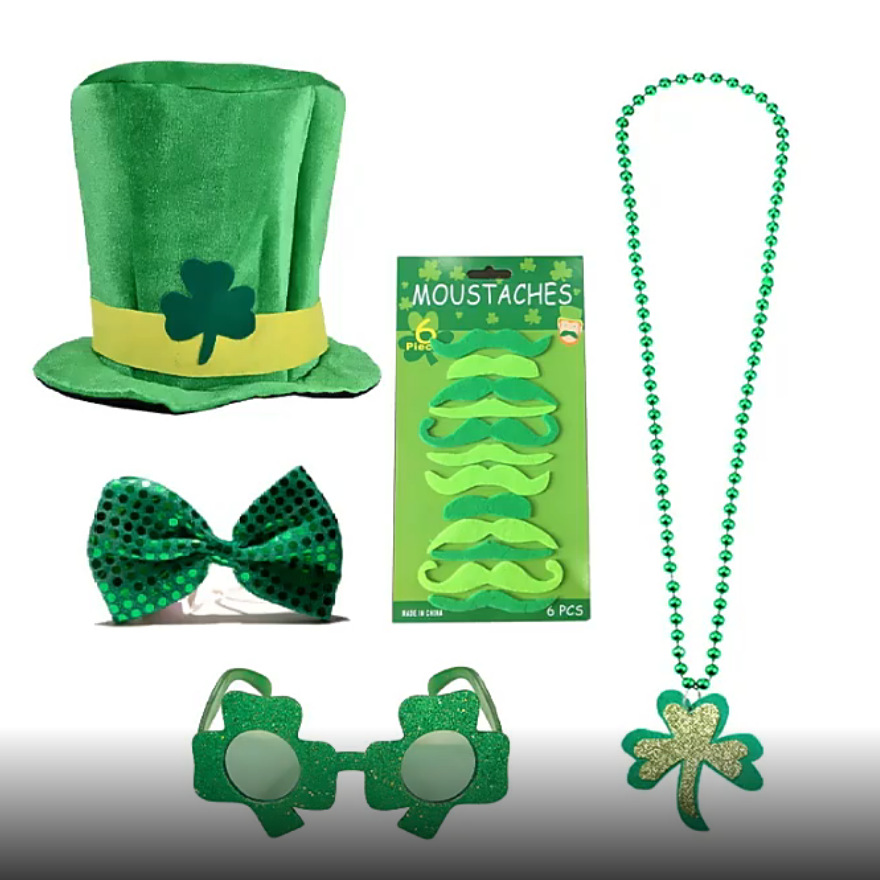 Amazon nuevo Allan Día de San Patricio pajarita trébol gafas Beard Hat Bead Chain conjunto de cinco piezas